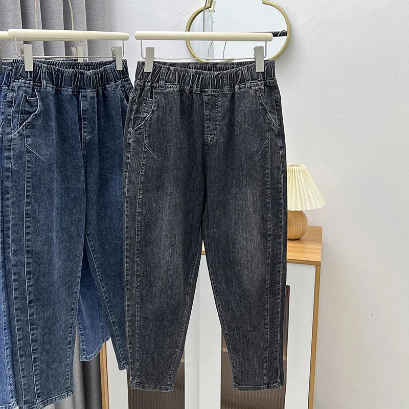 L-6XL Plus Large Size Baggy Jeans Women High Waisted Jeans Woman Mom Jeans Loose Denim Harem Pants Elastic Waist Blue
