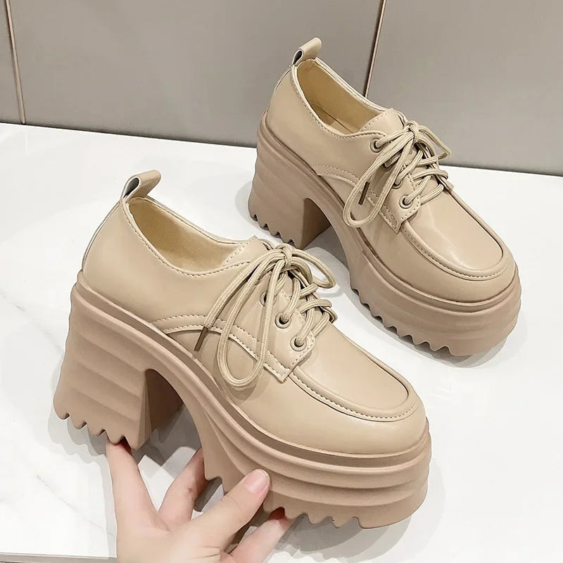 Gothic Chunky High Heels Loafers for Woman New Leather Platform Loafers Female Solid Color Thick Heeled Lolita Shoes 2024