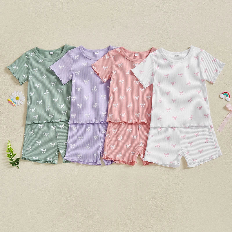 2024-12-09 Lioraitiin Toddler Baby Girl Bow Ribbed Outfit Lettuce Trim Short Sleeve Tops Elastic Waist Shorts Summer Set