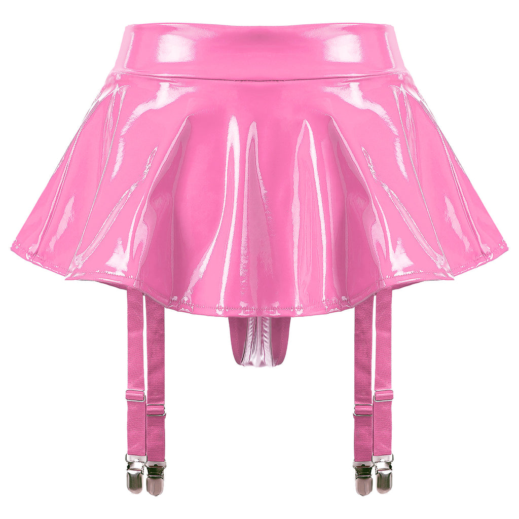 Sexy Damen Wetlook PVC Leder Rüschenröcke Party Low Waist Eingebaute Strings Minirock mit Strumpfhalter Metallclips Set Club