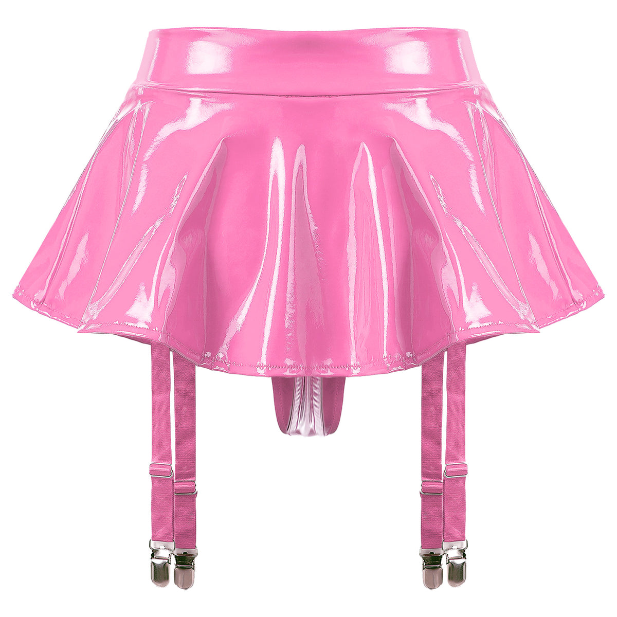 Sexy Damen Wetlook PVC Leder Rüschenröcke Party Low Waist Eingebaute Strings Minirock mit Strumpfhalter Metallclips Set Club
