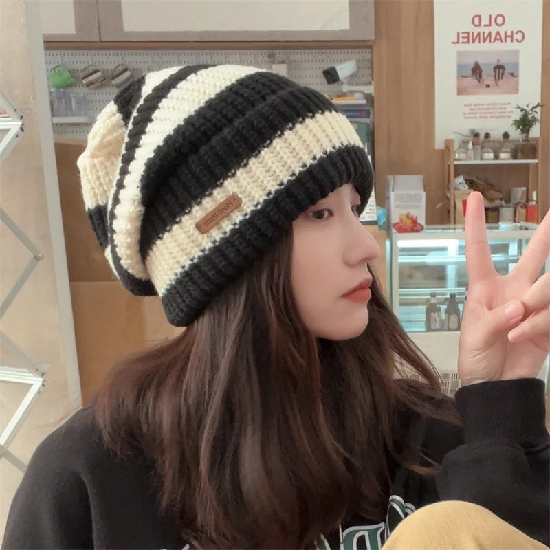 Stripe Knitted Winter Hats, Women Warm Caps, Casual Men's Hip Hop Beanies, Unisex Bonnet
