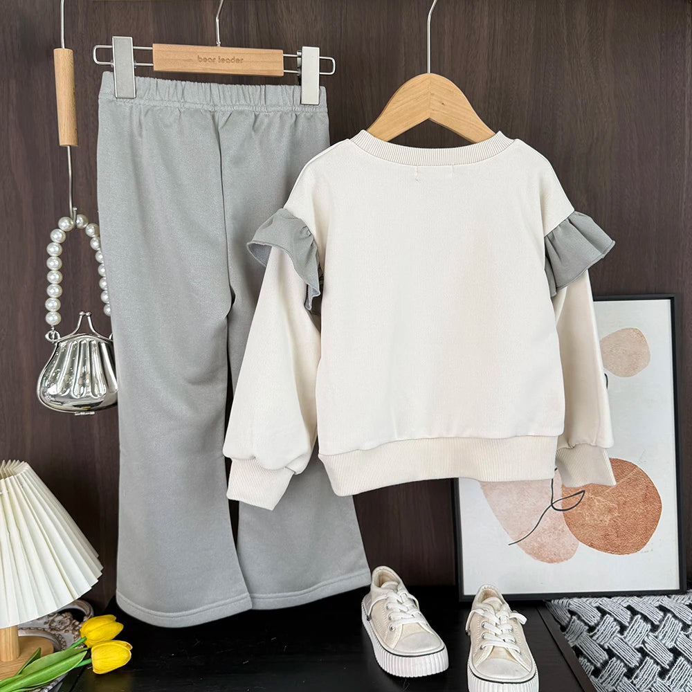 Bear Leader Spring and Autumn Long Sleeve Girls' Set Letter Printed Top+Solid Color Bell Bottom Pants Pink Casual Kids Wear