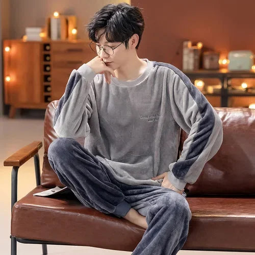 2024 Winter Men Fleece Casual Long Sleeve Pajamas Set Coral Velvet Cute Cartoon Sleepwear Male Plush Thicken Warm Homewear