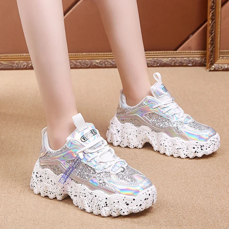 Comemore Women New Bling Platform Sneakers for Girls Casual Chunky Sneaker 6cm Thick Bottom Sports Shoes Platform Red Silver 40