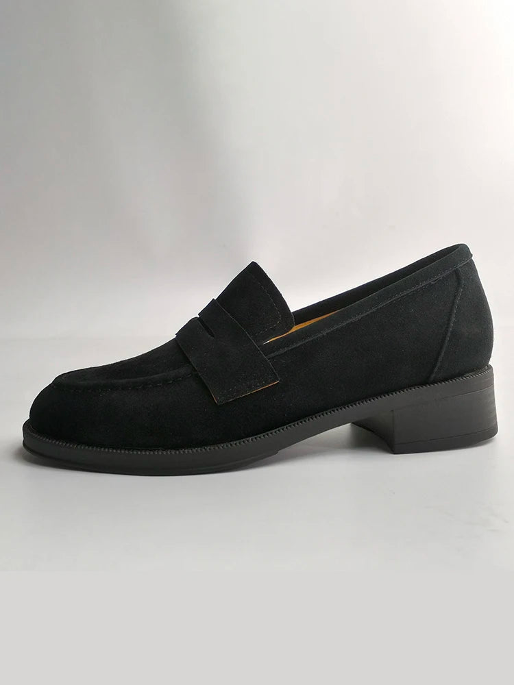 2025 NEW Trend Women Loafers Natural Suede Spring Autumn Ladies Low Block Heels Elegant Round Toe Black Brown Splicing Loafers