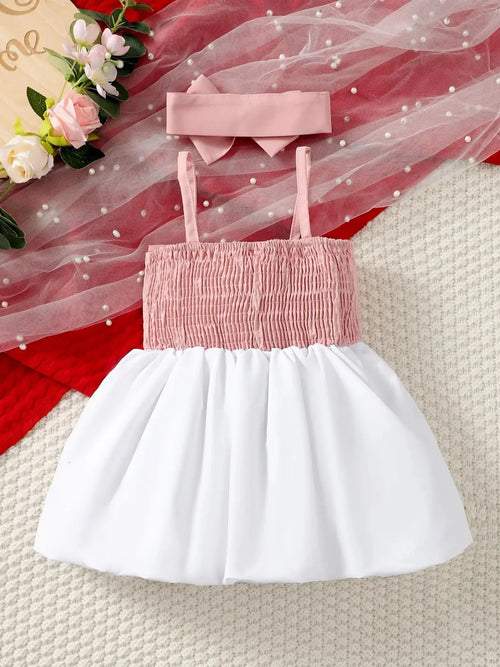 0-3 Year Old Newborn Baby Girls Summer Sleeveless Bow Strap Pink Patchwork White Fashionable Party Dress