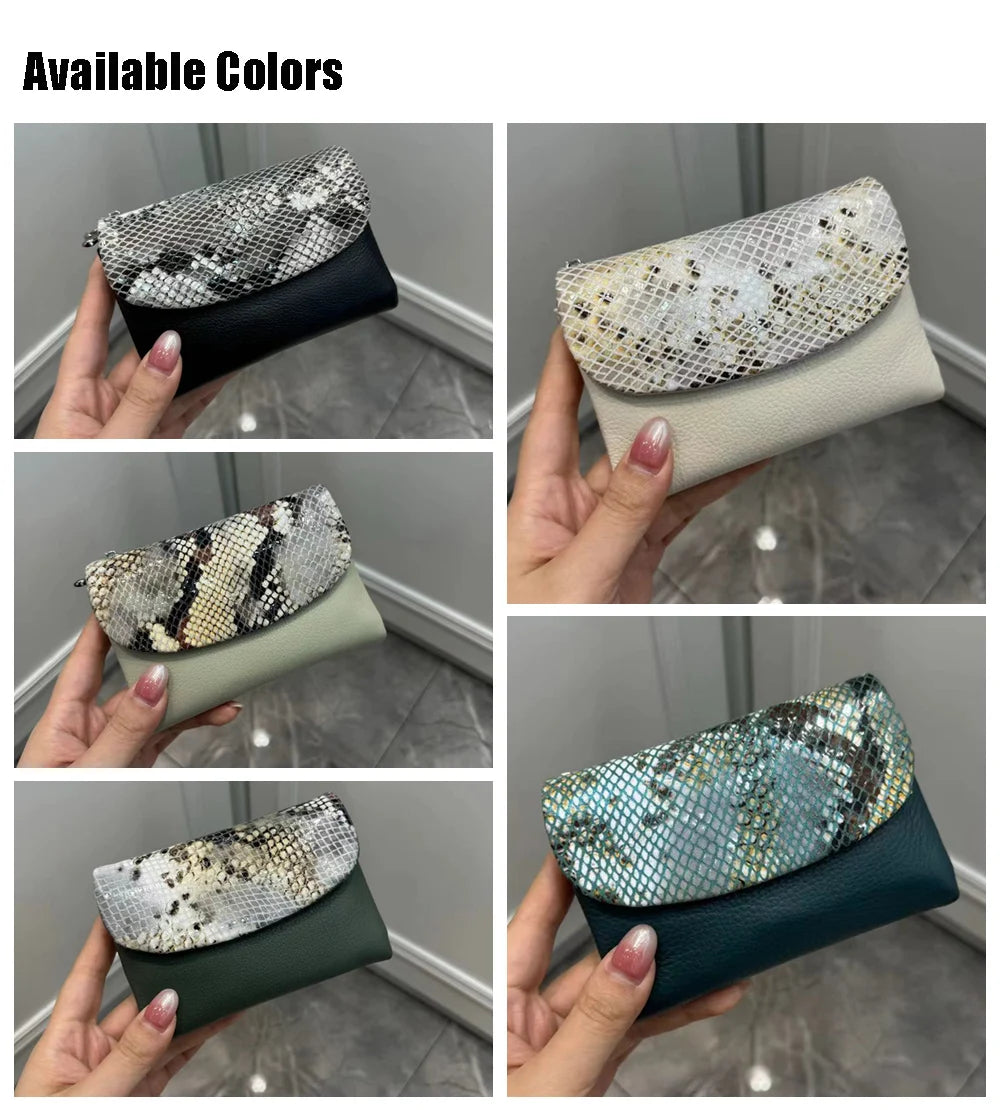 New 10 Colors Snake Pattern Cow Leather Short Wallet Women Fashion Python Genuine Cowhide Tri-fold Card Holder Purse Ladies