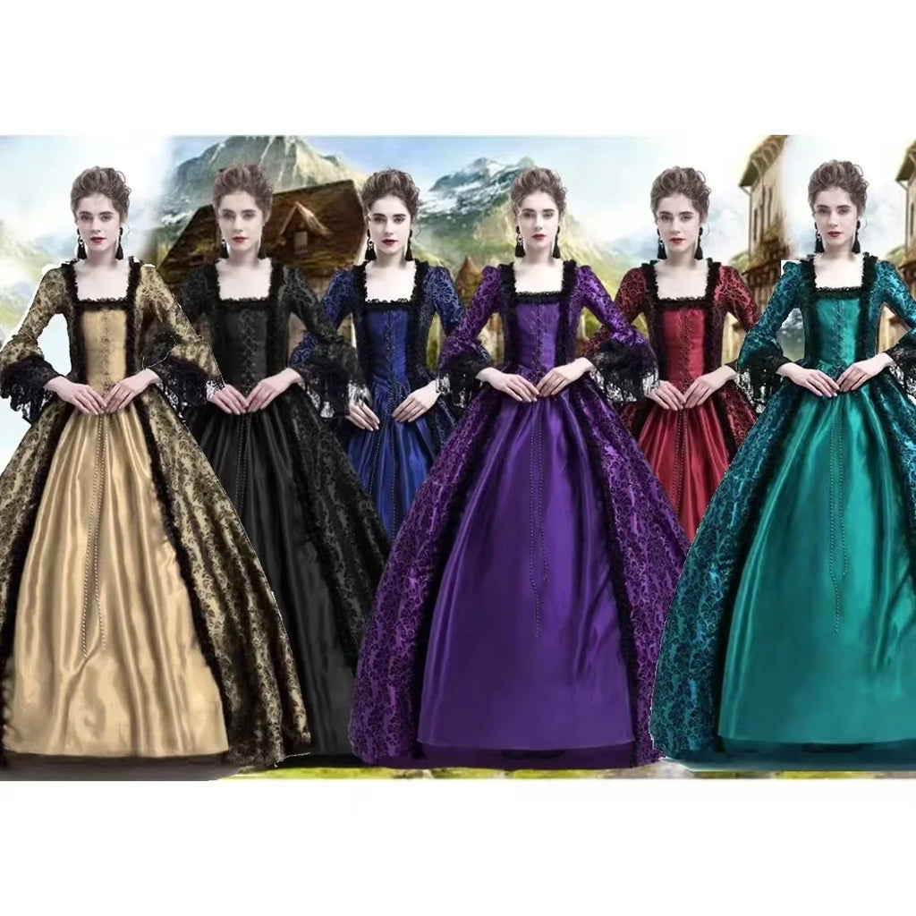 Medieval Victorian Court Lace Patchwork Gothic Dress Halloween Witch Cosplay Party Costume Square Neck Flare Sleeve Maxi