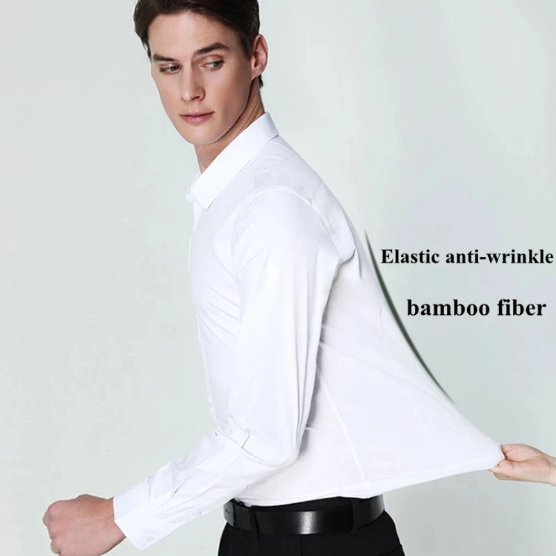 New Stretch Anti-Wrinkle Mens Shirts Long Sleeve Dress Shirt For Slim Fit Bamboo Fiber Business Blouse Social White Shirt Formal