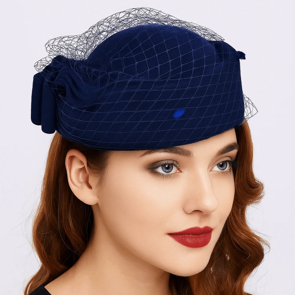 Sweet Mesh Wool Bow Hat with Veil Solid Color British Style Stewardess Cap Photography Decoration Woolen Pillbox Hat Headwear