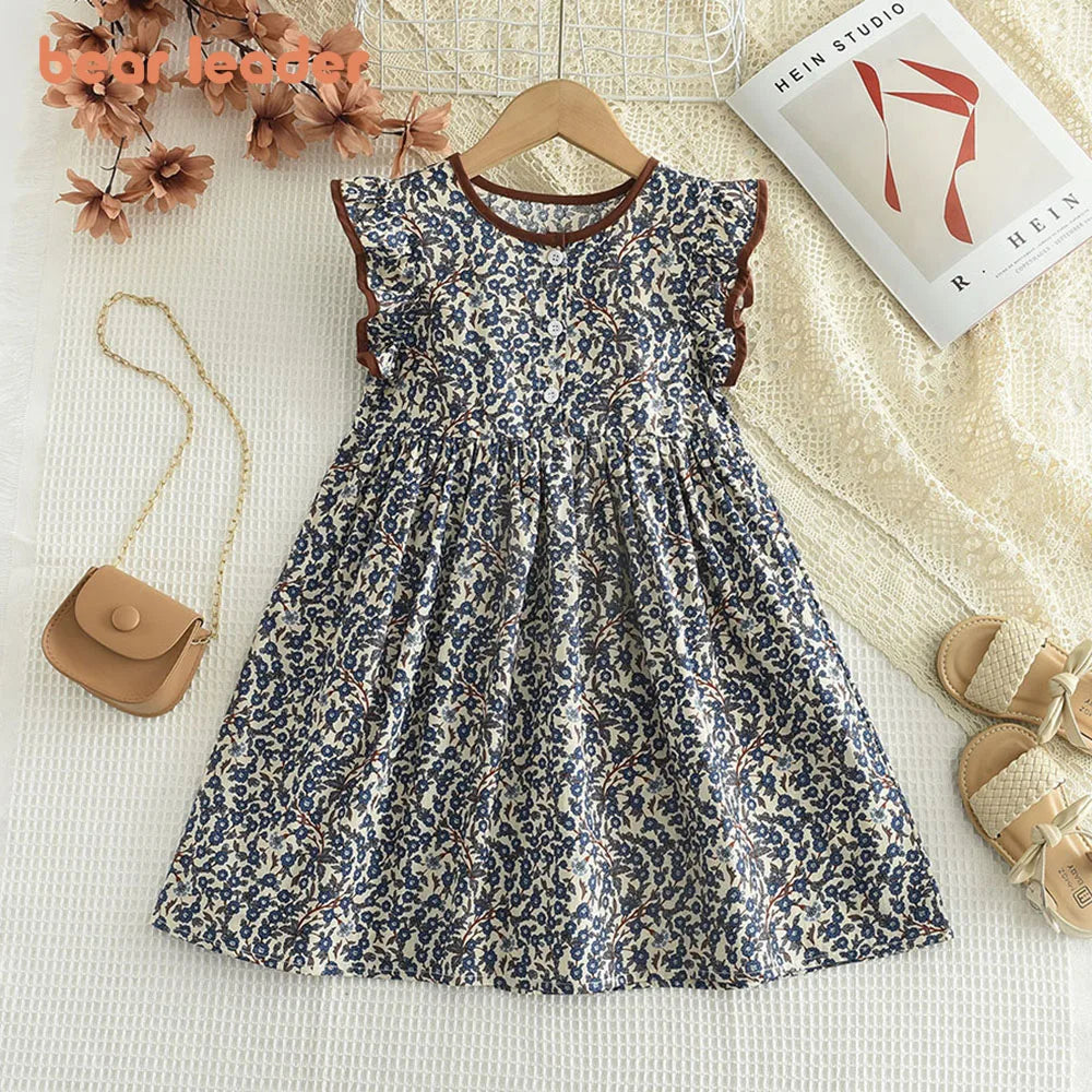 Bear Leader Summer Flying Sleeve Round Neck Girls Princess Dress 3-7 Years Flower Kids Clothes with Button