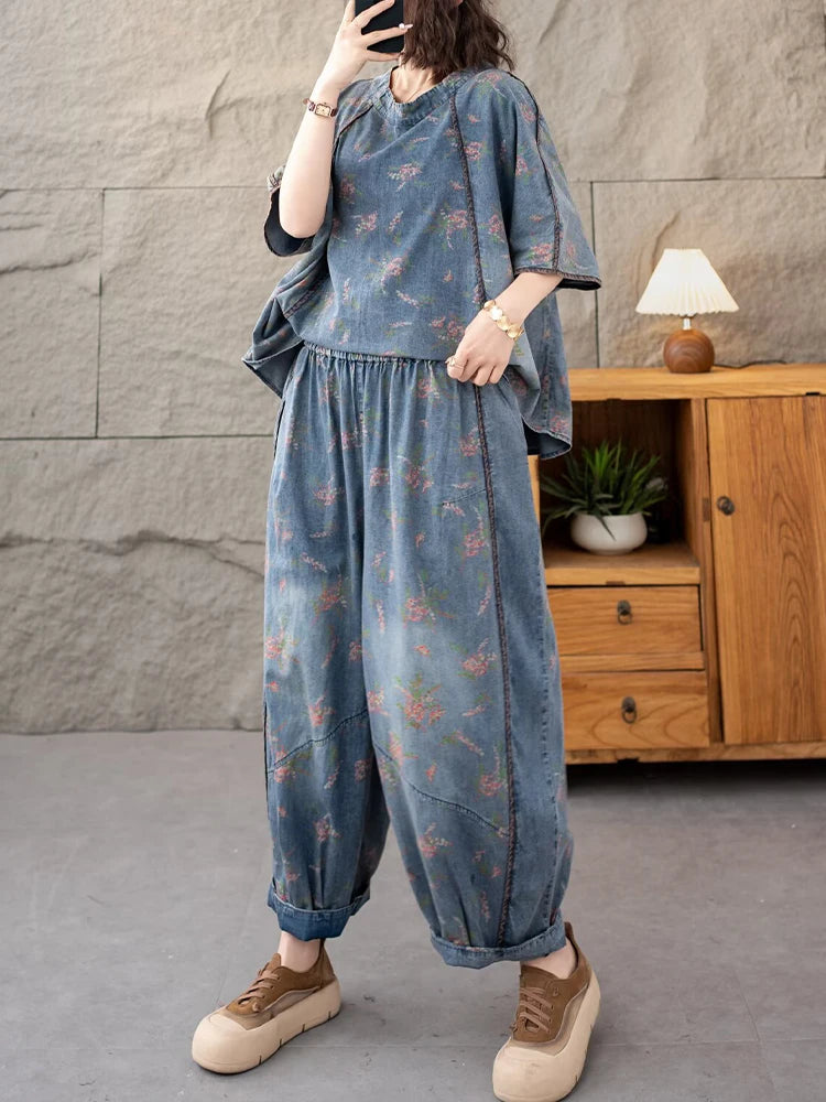 AmaxluluE 2025 Summer Women Denim Suits Loose Printed Two Pieces Sets Floral Outfit O Neck Tops Tees Vintage Jeans Fashion Pants