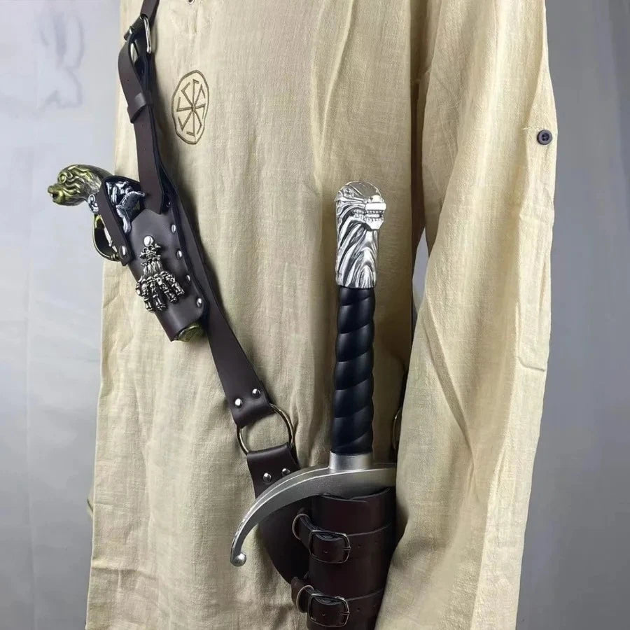 Shoulder Belt Adjustable Sword Gun Holder Sheath Scabbard Frog Leather Armor Pirate Halloween Costume Rapier Medieval Holster