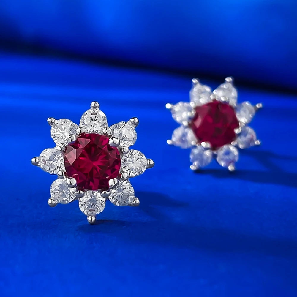 Wong Rain 100% 925 Sterling Silver Round Cut Ruby High Carbon Diamond Gemstone Flower Ear Studs Earrings Jewelry Wholesale