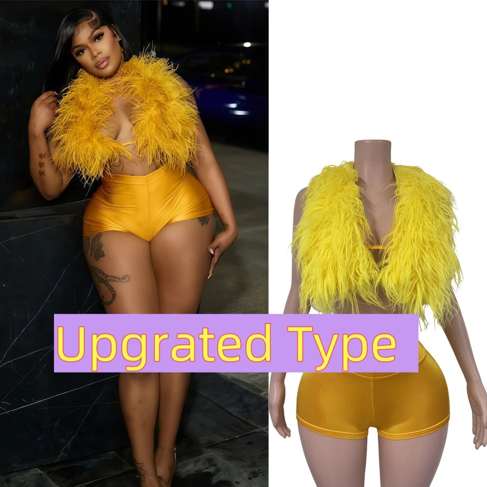 HLJ&GG Fashion Y2K Fur Hollow Out Streetwear Women Sleeveless Slim Crop Top And Shorts Outfits Female Trend 2pcs Outfits 2025
