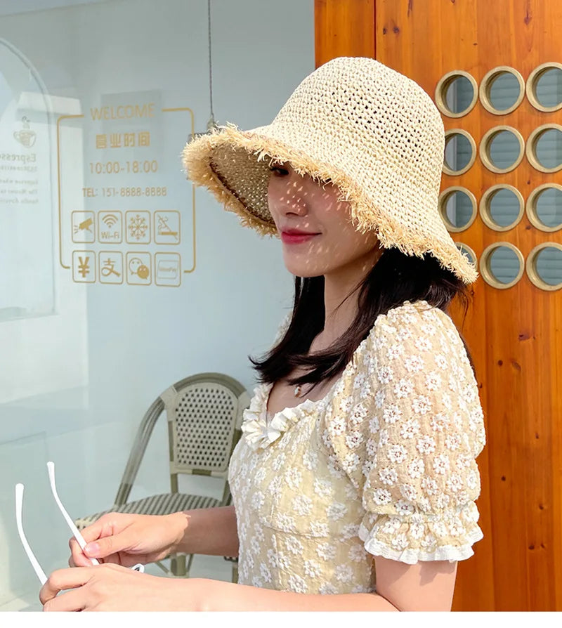 Summer Woven Straw Hat Ladies Beach Hat Sun Hat Wide Brim Soft Simple Fisherman Hat Panama Straw Dome Woven Bucket Hat