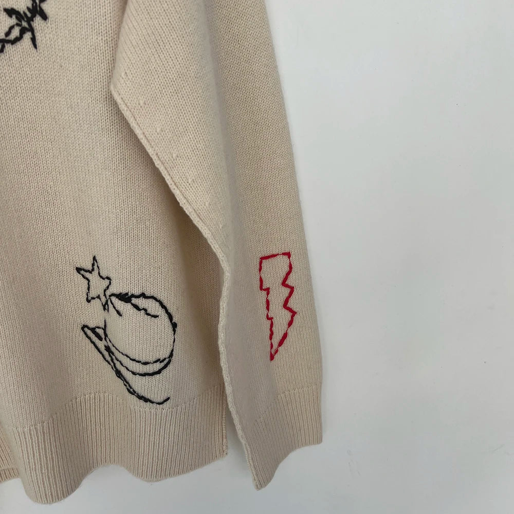 Rowan M538 Letter Jacquard Knit Pullover Winter O-Neck Long Sleeve Buttons Female Sweater Classic Casual Lady Top 2026