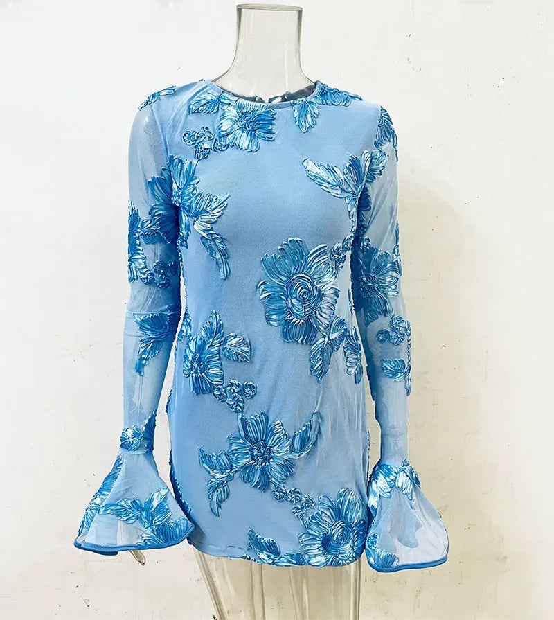 GACVGA Mesh Flare Sleeve Elegant Mini Dress For Women 3D Flower Slim Backless Sexy Bodycon Party Club Dress