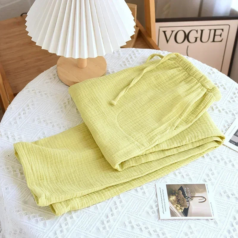 Spring New Pajamas Pants for Women Crepe 100% Cotton Loose Casual Straight Trousers Home Clothes Checkerboard Sleep Pants