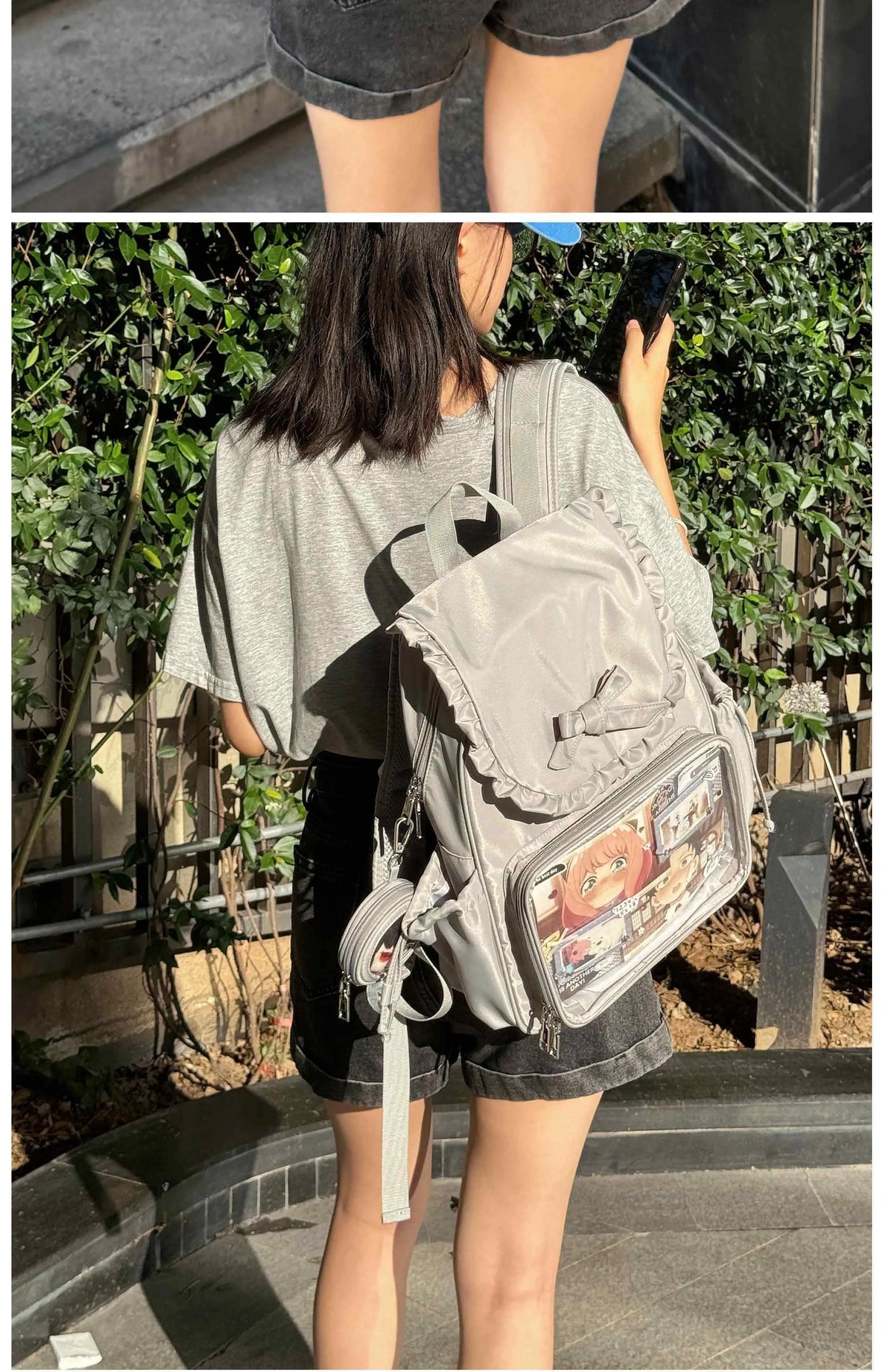 Original Two-dimensional Cute Transparent Large-capacity Backpack Women Sweet Bow Rabbit Ears Bags Preppy Style Kawaii Backpacks