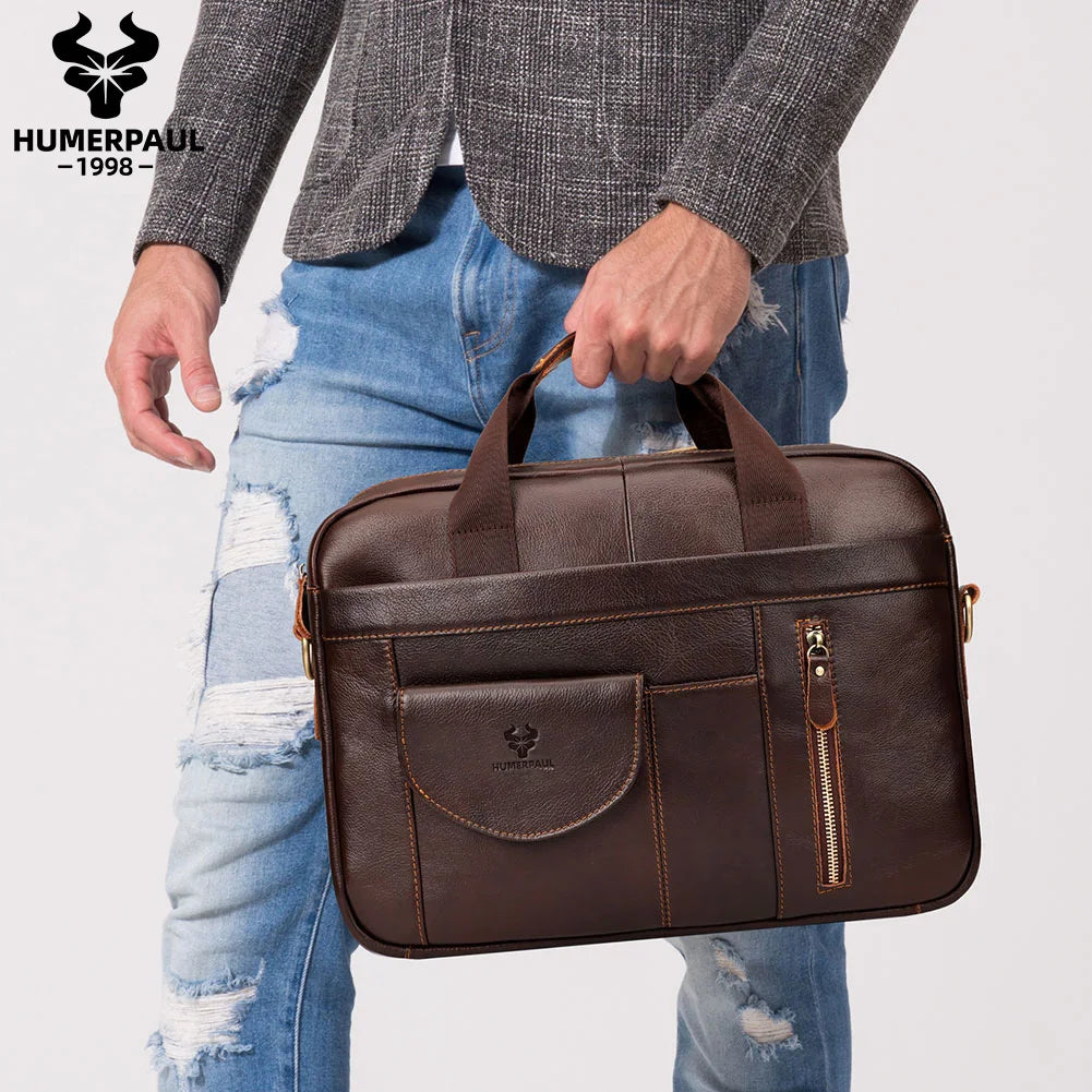 HUMERPAUL Men's Briefcase Bag Top Layer Leather Handcrafted Laptop Bag with Multiple Compartments Business Shoulder Messenger