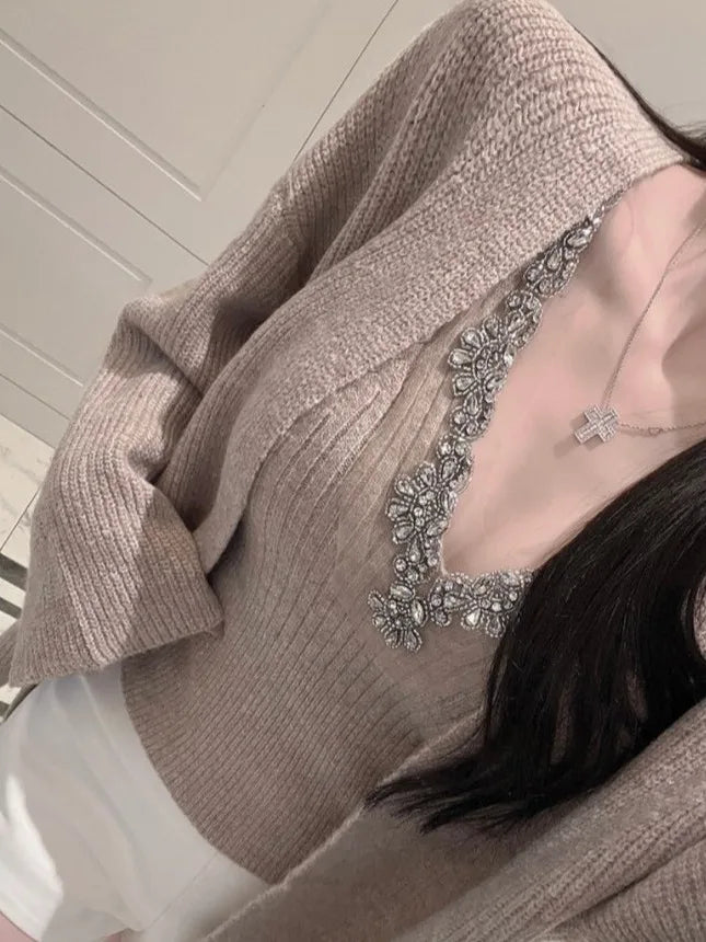 Korean Sle Sexy Sequin Strap Vest Women's Inner Knitted Cardigan Coat Autumn Two-Piece Set Faionable Top And Bot Ensemble