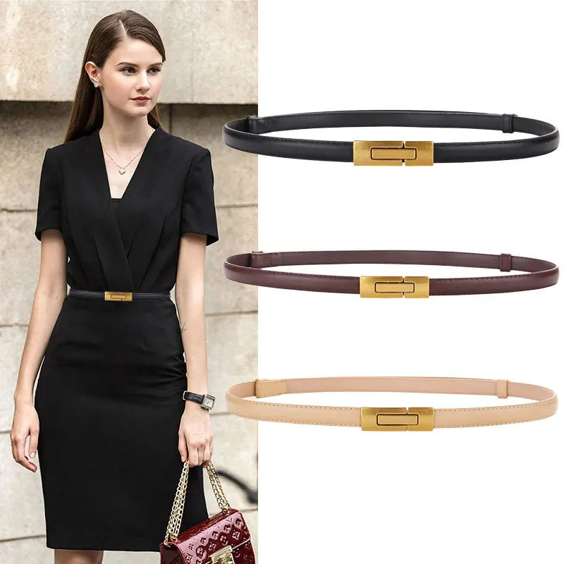 Women Skinny Genuine Leather Slim Belt Adjustable Alloy Buckle Waist Belt for Dress
