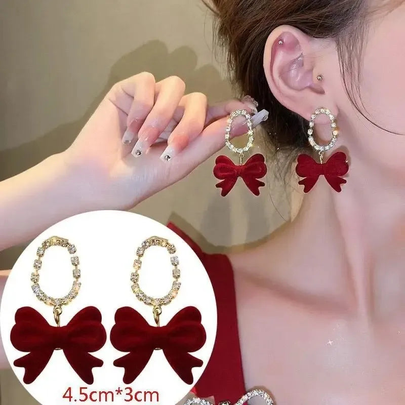 Vintage Wine Red Flocking Flower Drop Earrings For Women Jewelry 2026 Trending Long Bowknot Crystal Pearl Bridal Dress Earrings