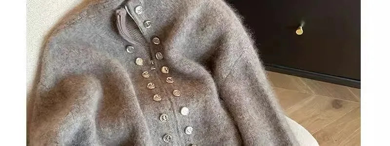 Grey Vintage Sweater Cardigans For Women Autumn New High Collar Double Breasted Knitted Coats Simple Elegant Female Knitwear Top