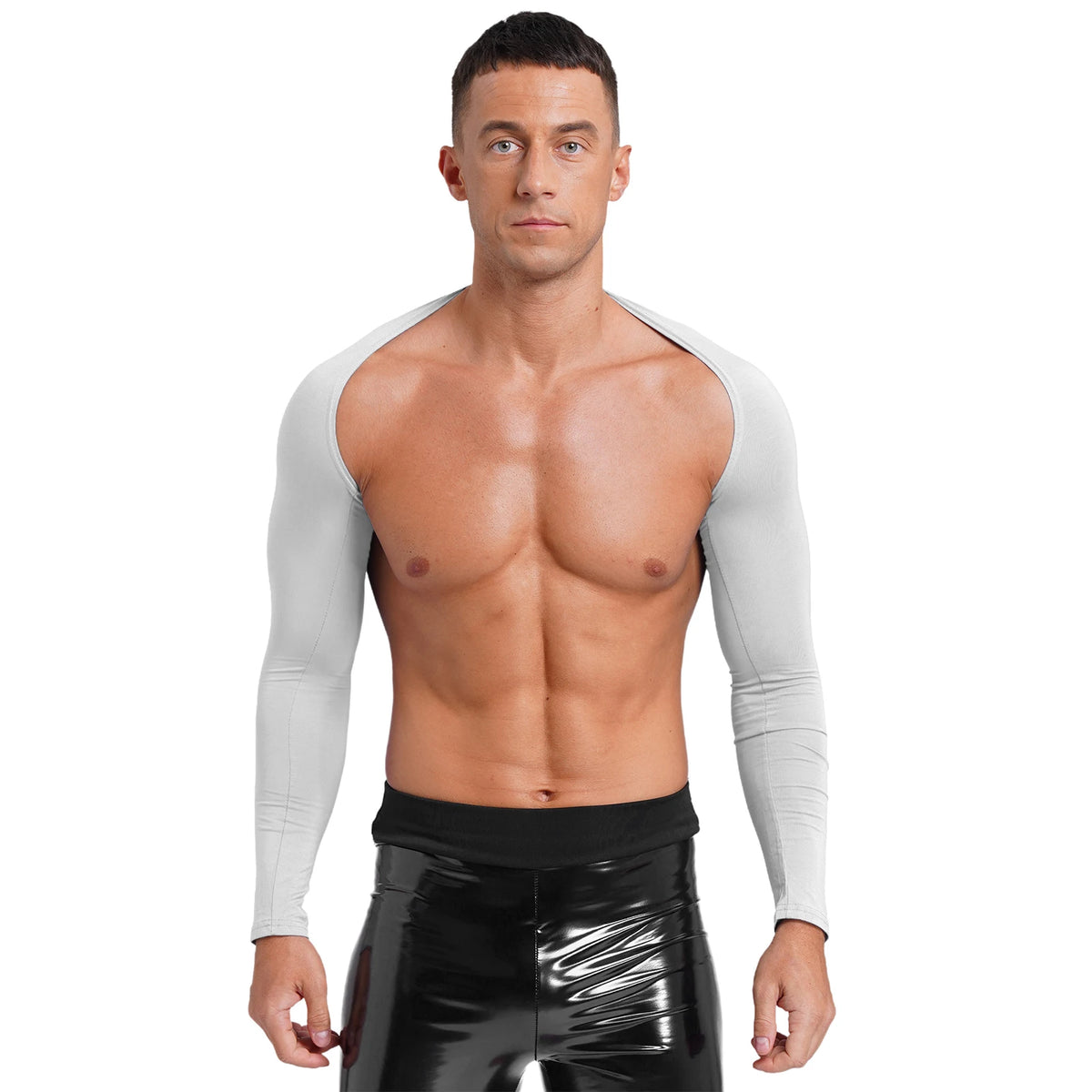 Men Open Front Half Crop Top Solid Long Sleeve Cardigan Bolero Shrug Tops Muscle Arm Sleeves Workout Sports Gym Tops Clubwear