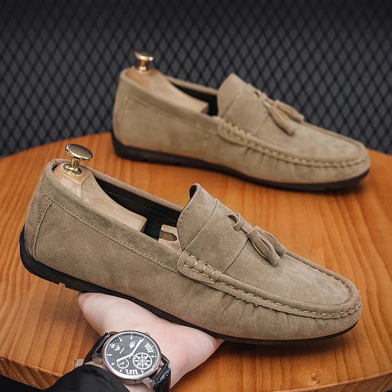 Spring Summer Blue Suede Loafers Men Slip On Soft Moccasins Breathable Flats Driving Shoes Men Leather Casual Shoes Handmade
