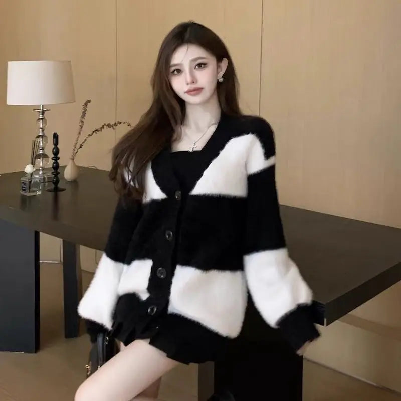 Women Mink Fur Knitted Cardigans Sweaters Autumn Winter Loose Sweet Fashion Stripe Lantern Sleeve Thicken Contrast Color Coats
