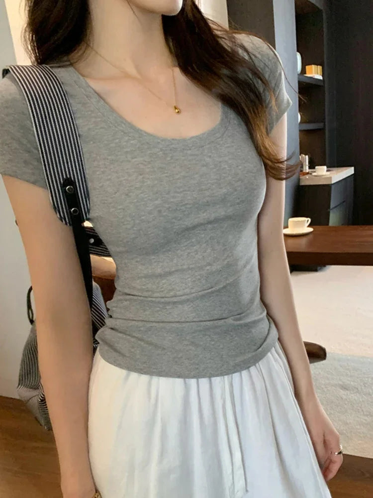 Spring Summer New Short Sleeve T-Shirt Women Solid Simple Casual Soft All-Match Hot Basic Slim Tops Tees Summer Fashion 2026