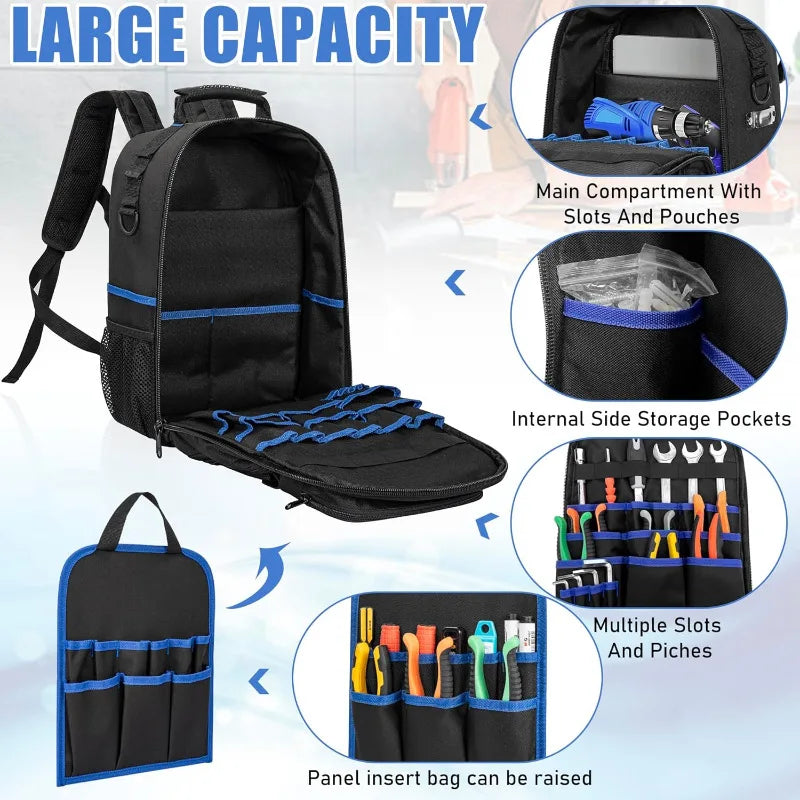 ‌Multifunctional Waterproof Tool Backpack with Padded Shoulder Straps Removable Organizer Pouch Electrician Plumber Work Bag