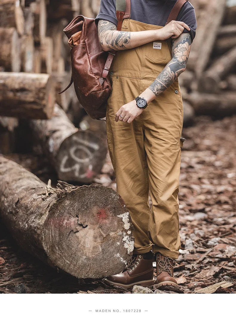 Japanese Vintage Khaki Suspenders Bibs Spring Autumn Canvas Cargo Pants Streetwear Men Rompers Full Length Trousers Jumpsuits