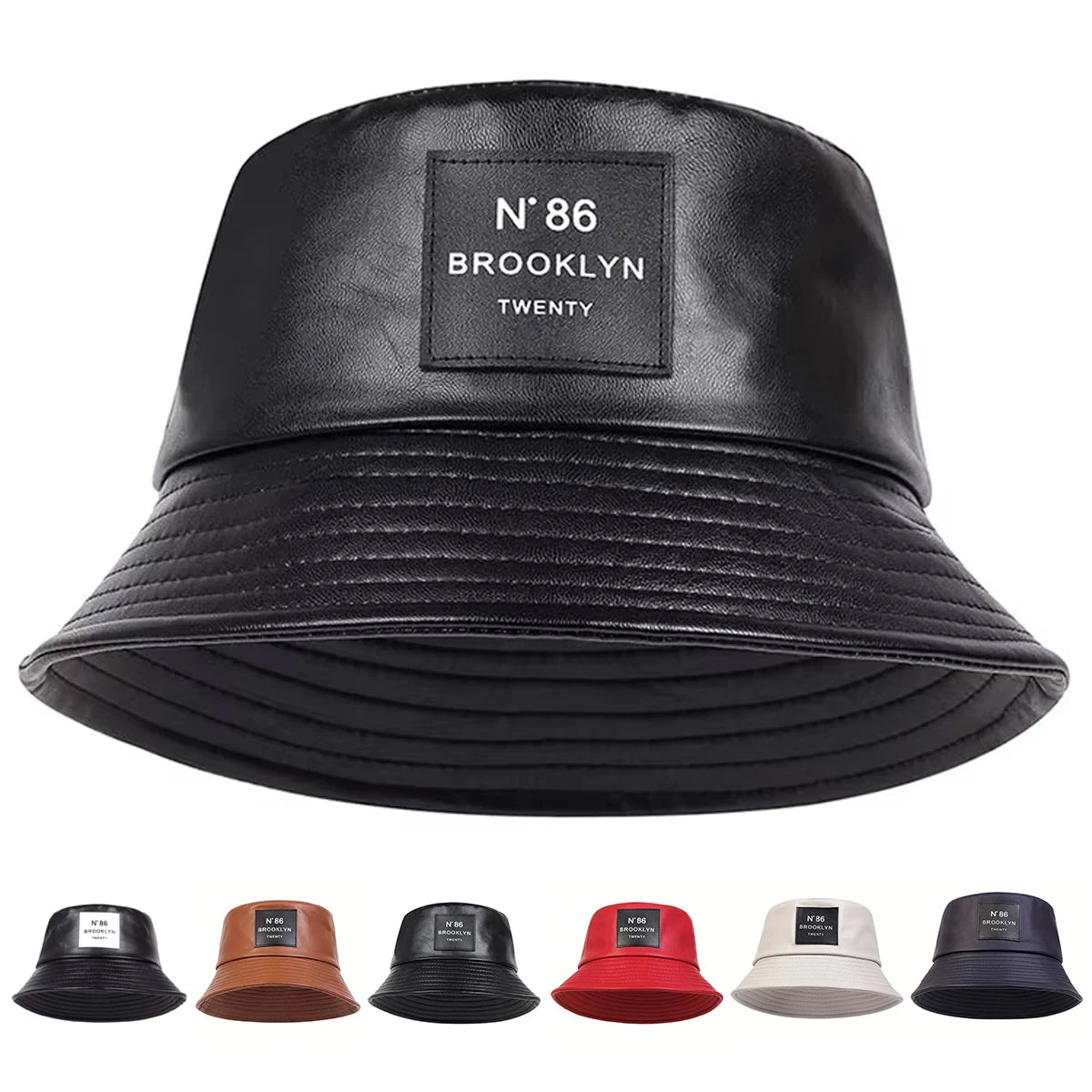 Unisex N86 Label Persönlichkeit PU Leder Fischerhüte Mützen Outdoor Freizeitkappe Sonnenhut