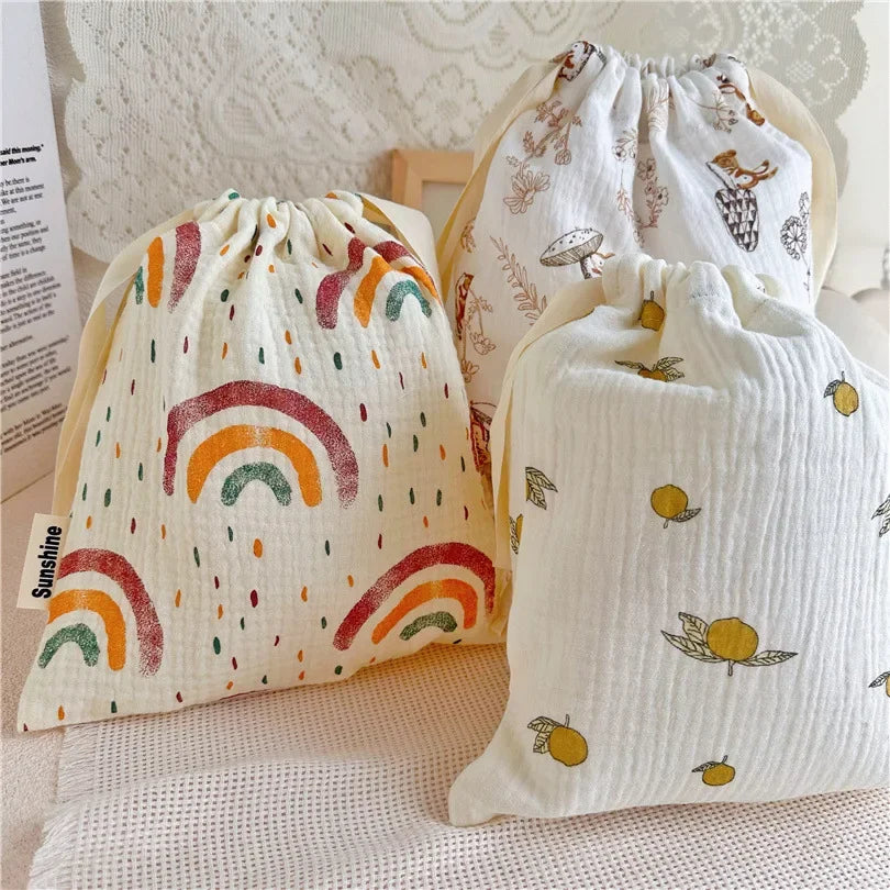 Natural Cotton Mommy Storage Bags Outdoor Baby Diaper Carrier Cute Sunshine Rainbow Printing Drawstring Pouches 27x25cm