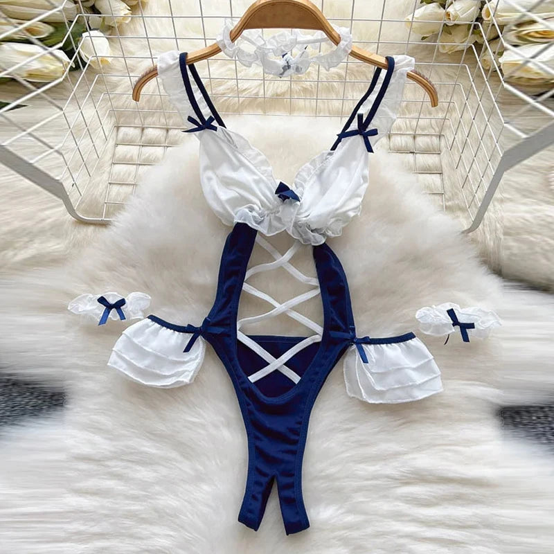 Sexy Cute Sweet Lace Backless Jumpsuit Women Slim Fit Bodysuit Girl Strap Bow knot Cosplay Hot Sweet Bow Ribbon Lingerie Dress