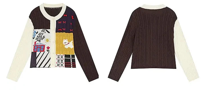 ELFSACK 2025 Autumn New Arrivals Casual Cute Color Block Puppy Cartoon Embroidery Cardigan Sweater For Woman