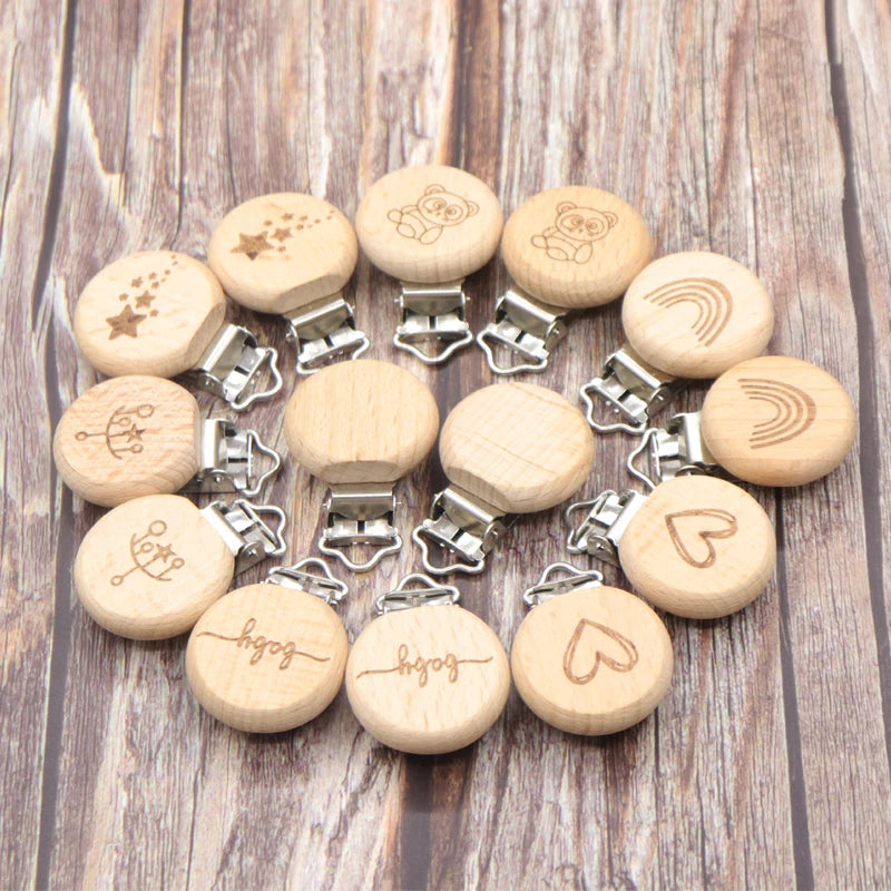 5Pcs Round Printing Beech Wood Teething Clip Chew Soother Pacifier Clip Chain For Nipple Chain Clip Nursing Product Wholesale