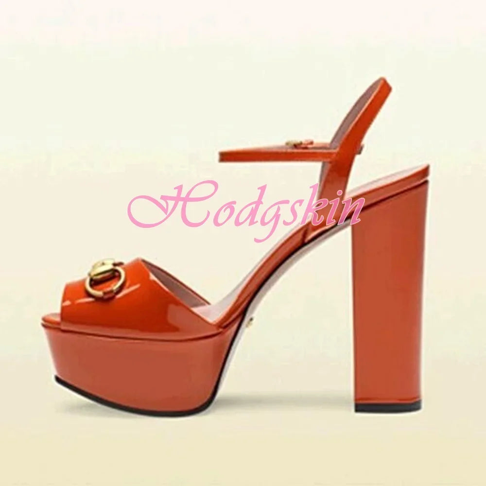 Peep Toe Platform Patent Sandals Chunky High Heels Solid Ankle Buckles Strap Design Women Shoes Super Heel Big Size Party Sandal