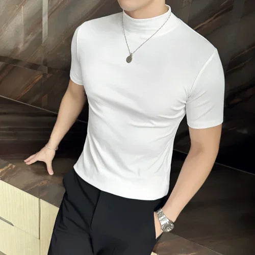 Spring Summer Men's Half High Neck Short Sleeve T-shirt Korean Slim Fit Solid Color Bottom Shirt Casual Cotton Elastic T-shirts