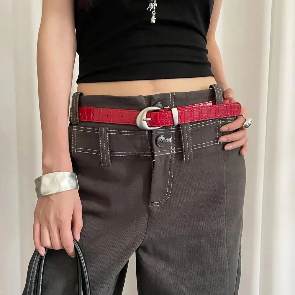 Ins Style Crocodile Pattern Women's Belt PU Leather Korean Thin Waist Belt Niche Black Red Dress Jeans Belt For Girls