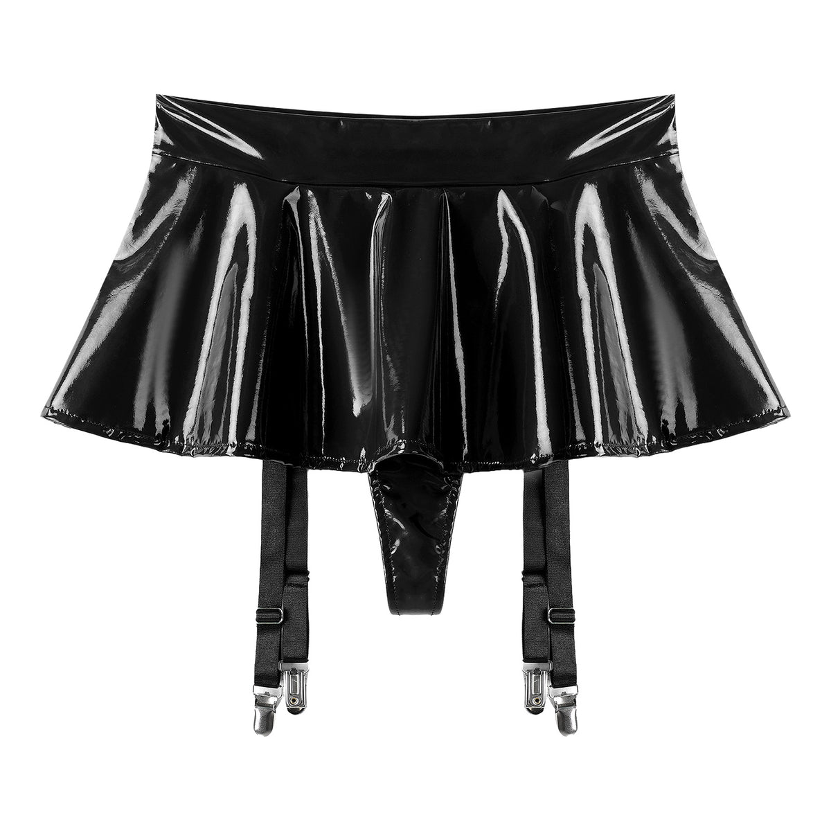 Sexy Damen Wetlook PVC Leder Rüschenröcke Party Low Waist Eingebaute Strings Minirock mit Strumpfhalter Metallclips Set Club