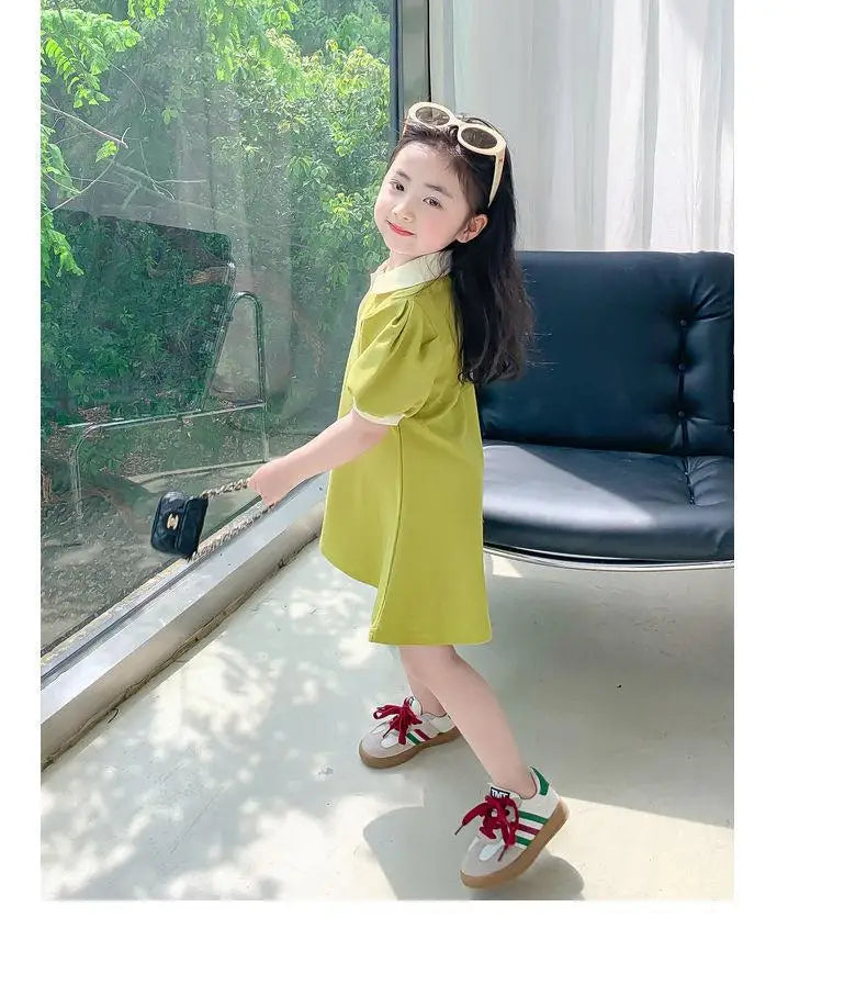 2025 New Children's Dress Girls' Summer Korean Edition Fashion Casual Striped Collar Short sleeved Dress1-10Y