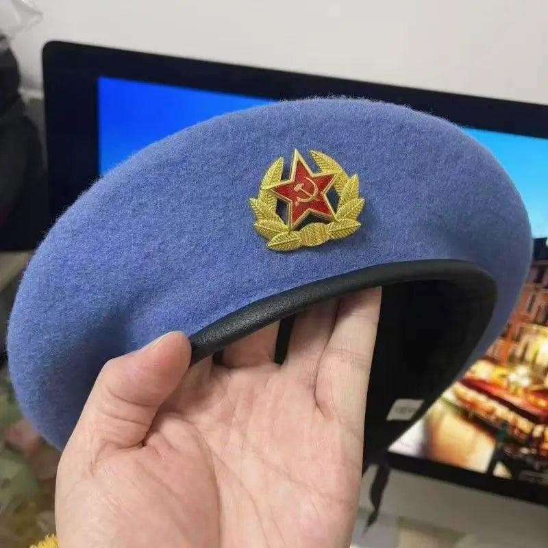 Russian Style Military Wool Beret - Soviet Airborne Hat with Embroidered Patch, Vintage Army Cap for Men Women