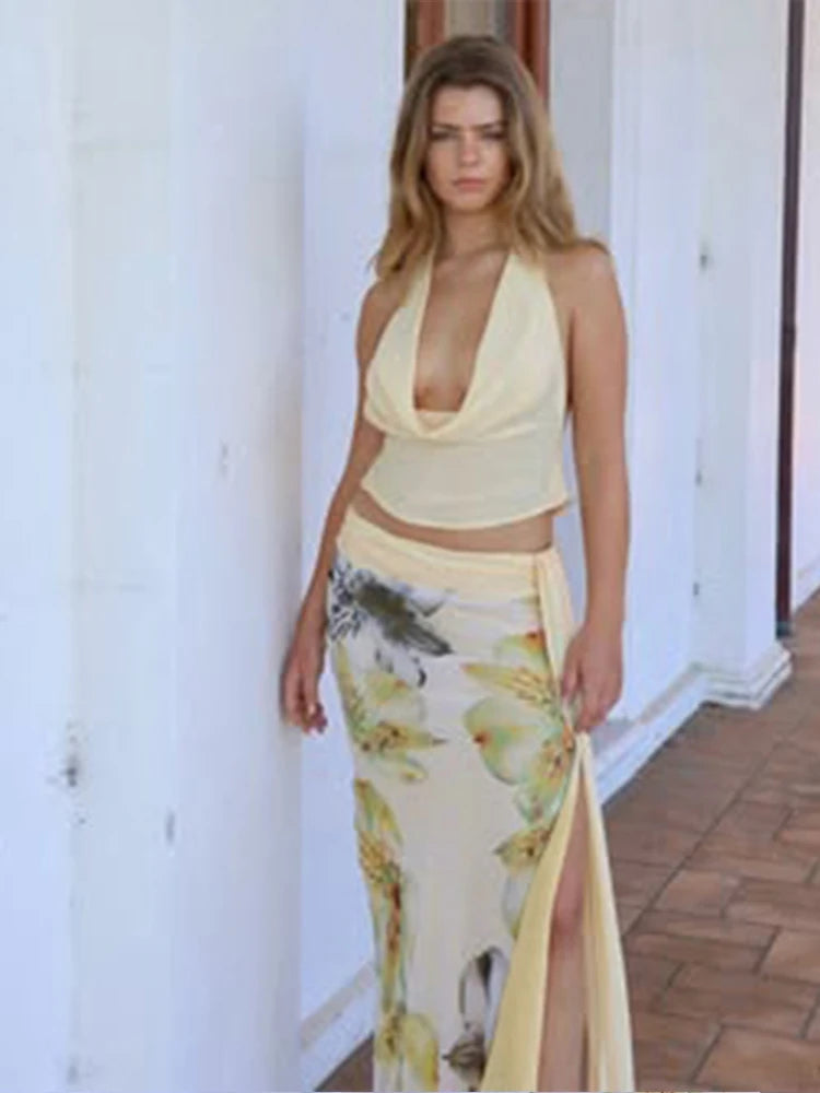 Nibber Temperament Frauen 3-teiliges Set Stapel-Trend Neckholder-Tops + geteilte Quasten-Hose + Blumen-Netzröcke Passende Urlaubskleidung
