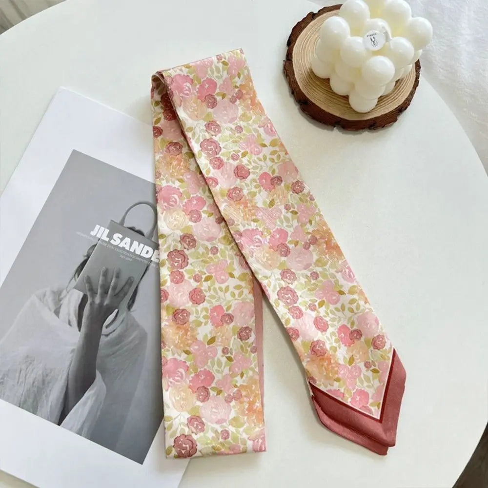 Summer Versatile Satin Silk Ribbon Scarf Fresh Floral Narrow Hair Tie Long Thin Fashion Accessory for Women Bag Strap