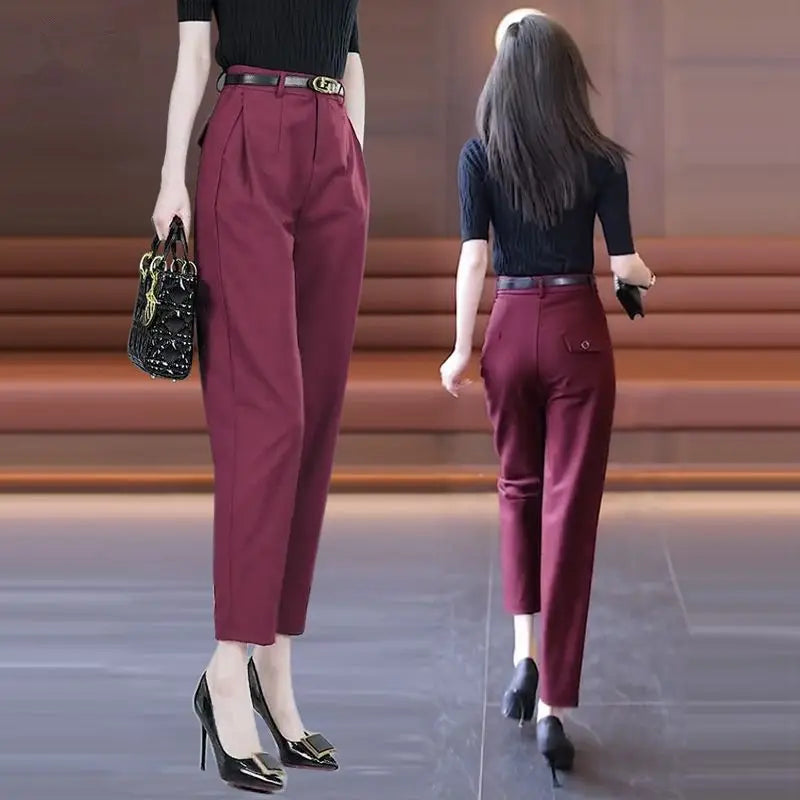 Office Lady Korean Fashion Women Suit Pants Spring Autumn Solid Slim Pencil Streetwear Casual High Waist Harem Cropped Trousers